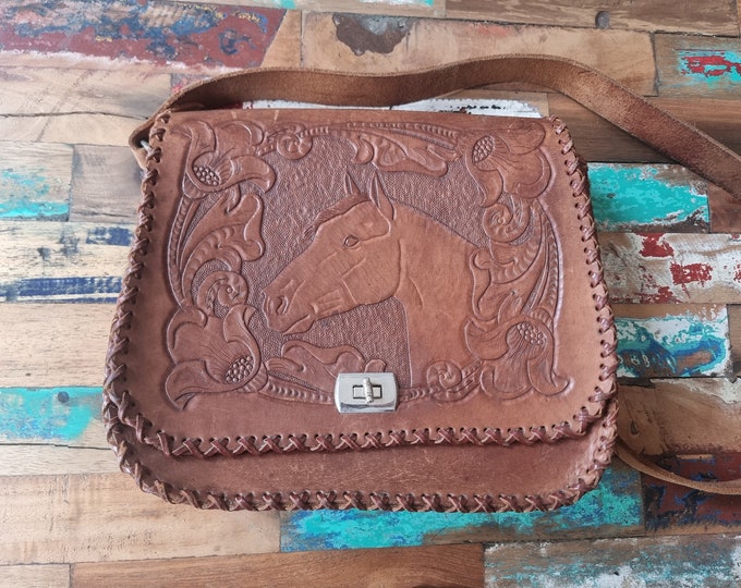 Western Leather Bag with Horse Head and Floral Design - Hand Tooled Genuine Full Grain Leather Purse