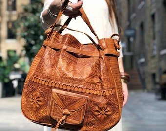 VERSATILE LEATHER BUCKET Bag in Vintage Style - Large Leather Tote Bag with Tooled Ethnic Moroccan Design - The Perfect Bohemian Summer Bag