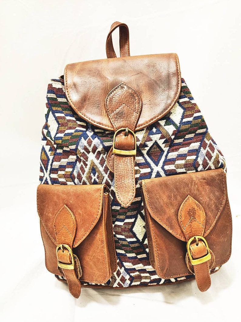 Student Backpack Hippie Carpet Rucksack Travel Bag Ethnic Tapestry Bag TRIBAL LEATHER BACKPACK Tan Vintage Woven Kilim Backpack