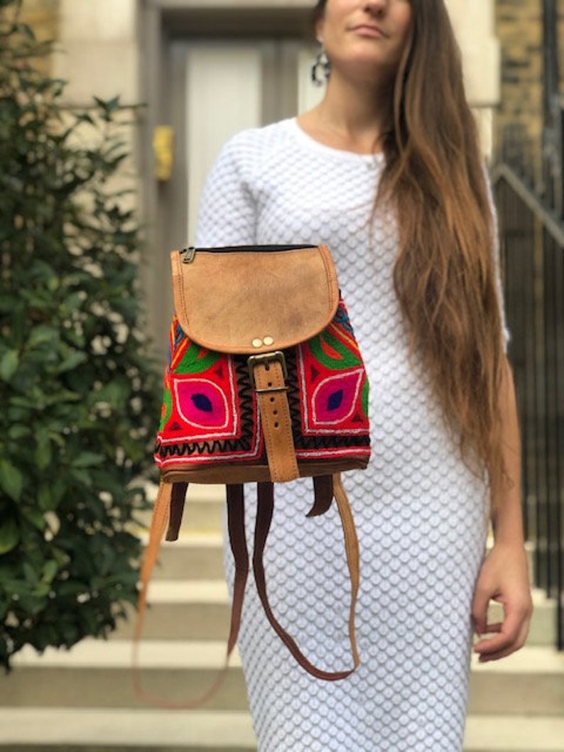 SMALL LEATHER BACKPACK, Women's Real Leather Backpack Purse, Mini Rucksack, Multicoloured Hippie Bag Tan, Ethnic Embroidered Purse Boho Design 1