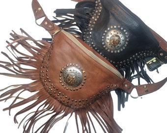 Studded Leather Bum Bag with Fringe - Women Hip Bag Vintage Style - Western Festival Outfit