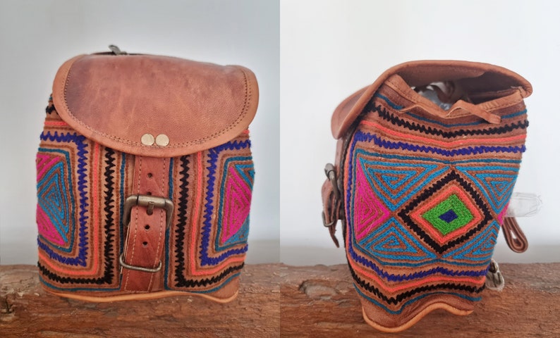 SMALL LEATHER BACKPACK, Women's Real Leather Backpack Purse, Mini Rucksack, Multicoloured Hippie Bag Tan, Ethnic Embroidered Purse Boho Design 5
