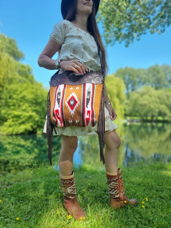 Hippie FRINGE LEATHER BAG Ethnic Tassel boho tan Western vintage Native  Festival