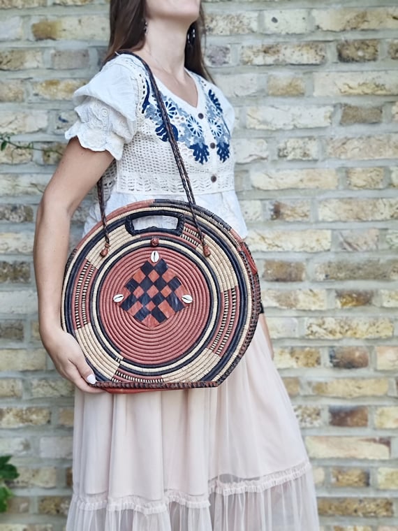 Round SISAL LEATHER BAG African Kiondo Woven Bucket Bag Ethnic Straw Summer Bag Hippie Shopper Boho Jute Tote Etsy Ireland