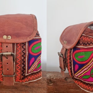 SMALL LEATHER BACKPACK, Women's Real Leather Backpack Purse, Mini Rucksack, Multicoloured Hippie Bag Tan, Ethnic Embroidered Purse Boho Design 6