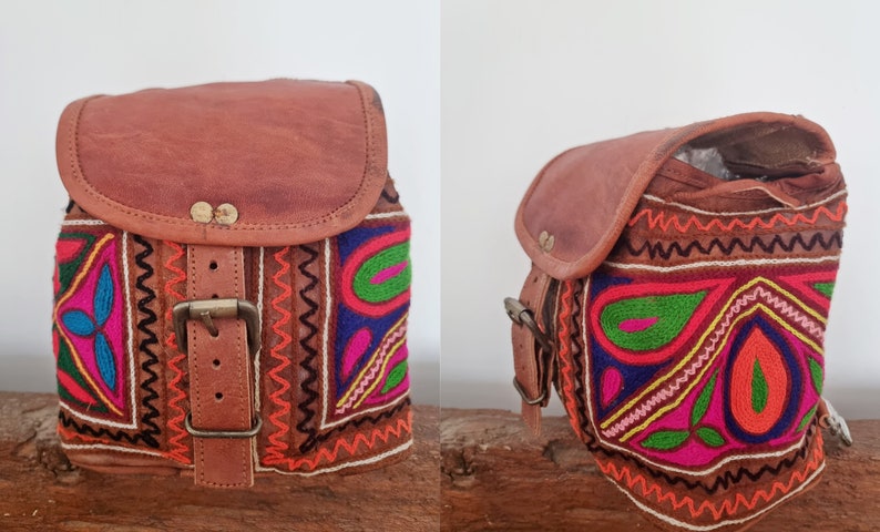 SMALL LEATHER BACKPACK, Women's Real Leather Backpack Purse, Mini Rucksack, Multicoloured Hippie Bag Tan, Ethnic Embroidered Purse Boho Design 6