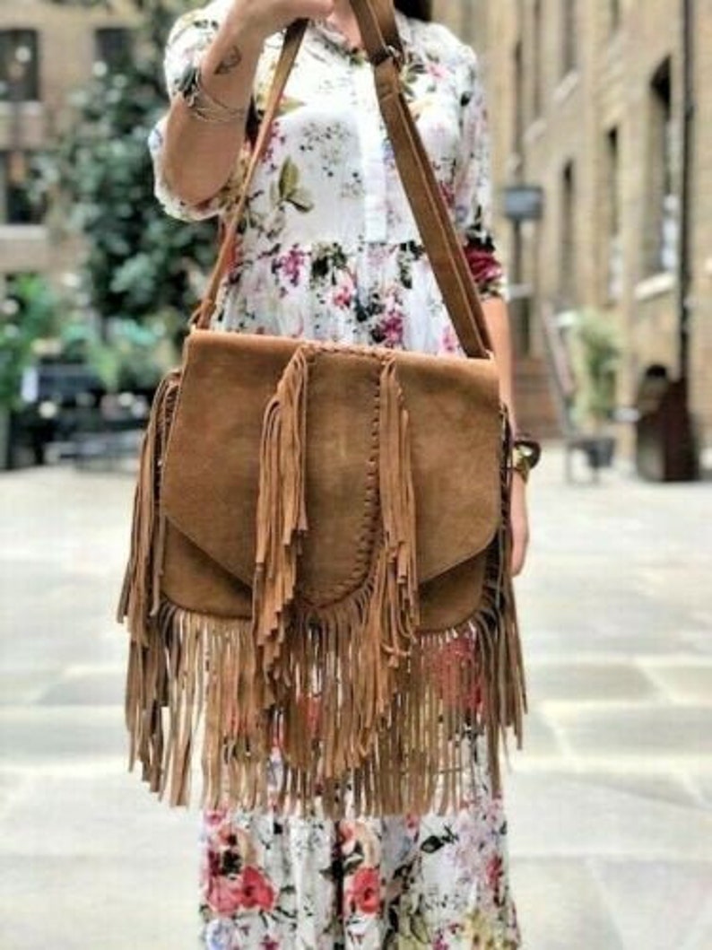 Braided FRINGE LEATHER BAG Tan Hippie Suede Tassel Handbag Beige