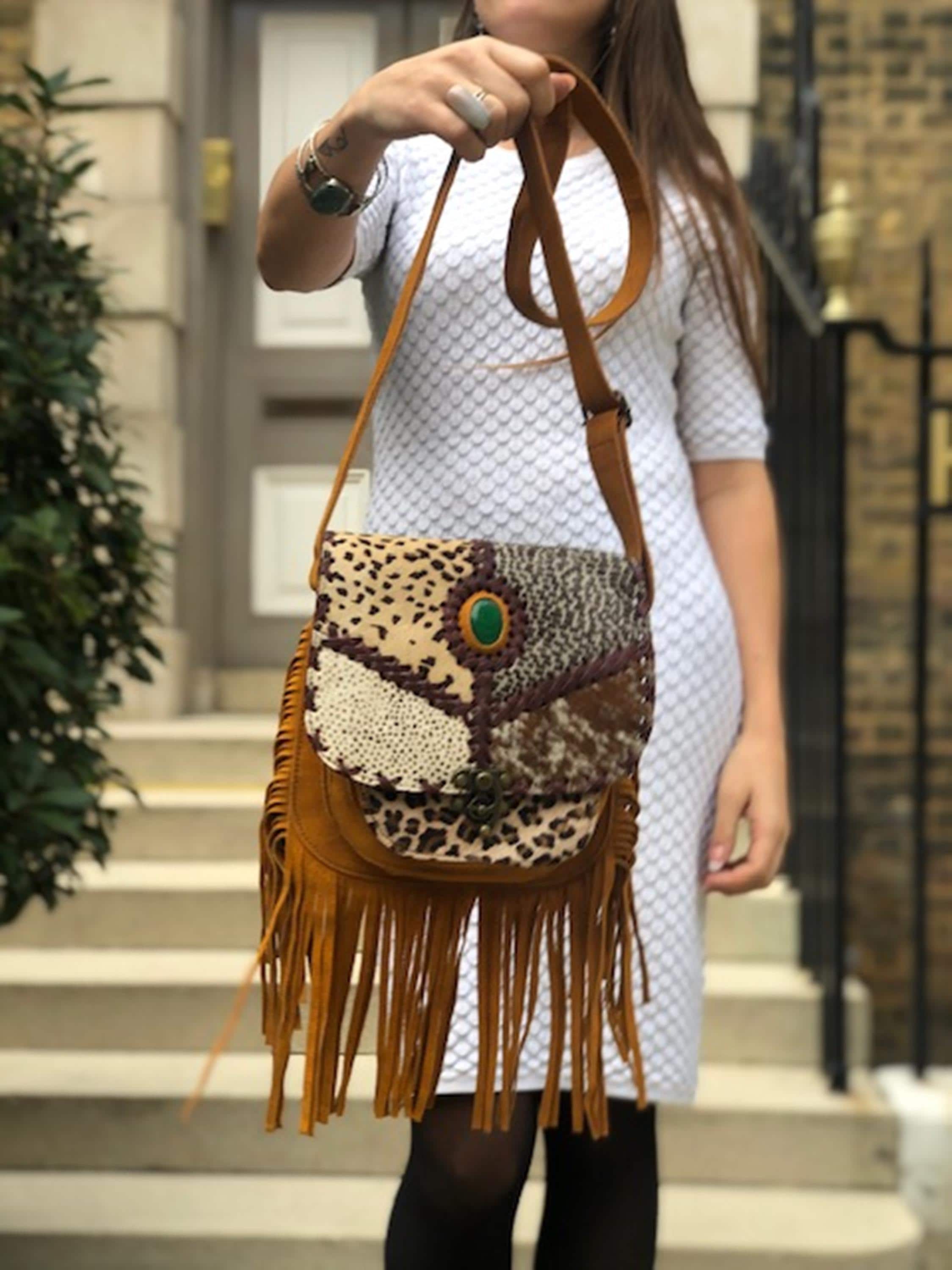 Ethnic Tassel Purse Native American Fringe Leather Bag Leopard Print Satchel Vintage Hippie Bag Animal Fur Bag Pony Hair