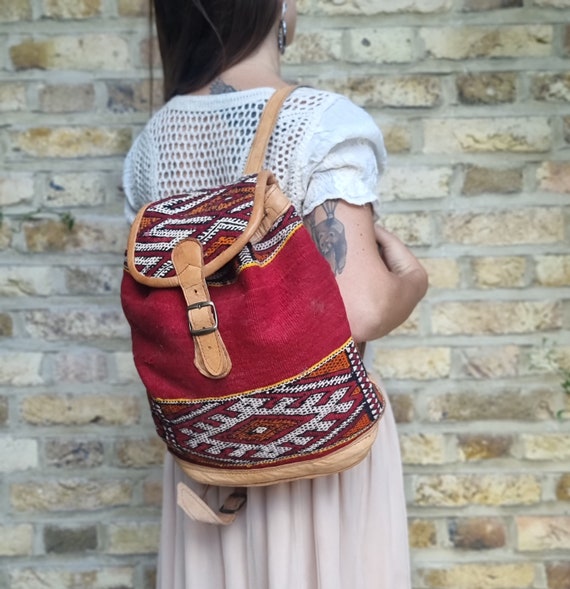 MOROCCAN LEATHER KILIM Backpack, Vintage Berber B… - image 1