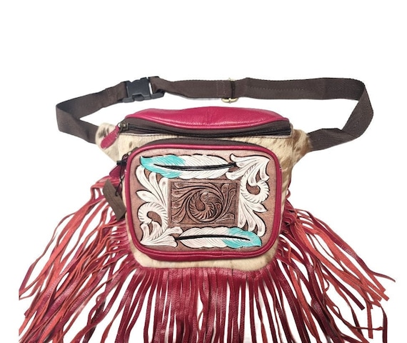 Western Feather Pink Leder Fanny Pack mit Fransen Hand punziert Leder Rindsleder Tasche Southwestern Style Crossbody Festival Bum Bag Etsy