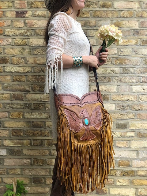 Large FRINGE LEATHER BAG With Turquoise Stone Tassel Western -  UK