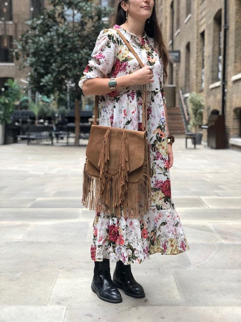 Braided FRINGE LEATHER BAG Tan Hippie Suede Tassel Handbag image 4