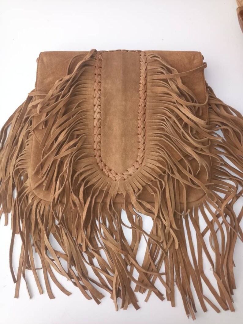 Braided FRINGE LEATHER BAG Tan Hippie Suede Tassel Handbag image 5