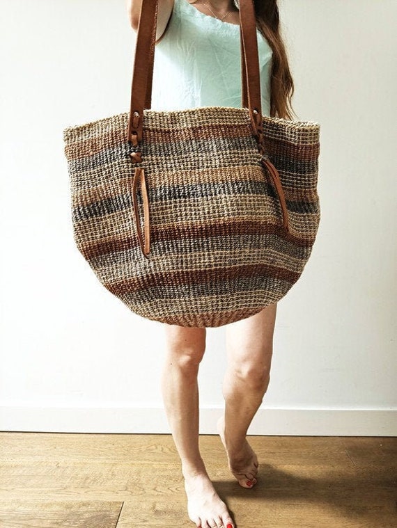 VINTAGE SISAL LEATHER Bag | 60s 70s Woven Bucket B