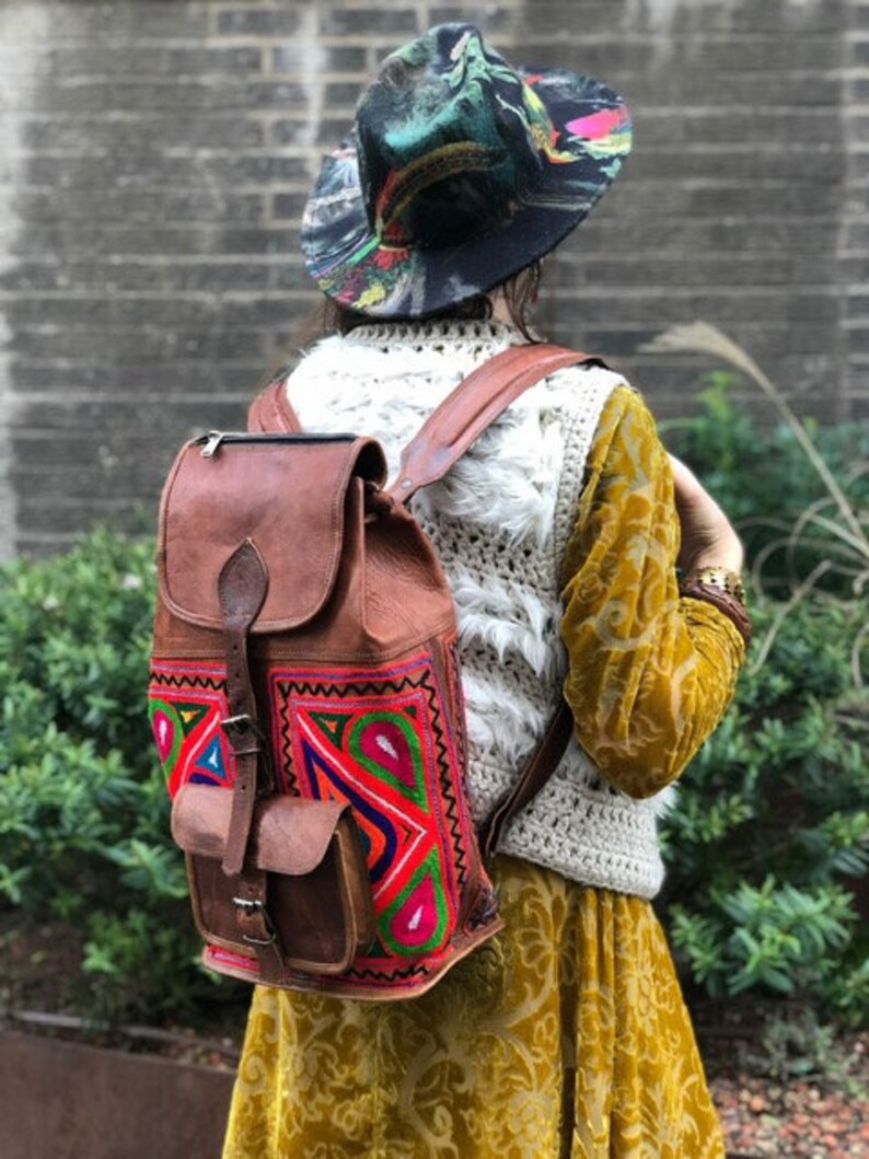 Large HIPPIE LEATHER BACKPACK Ethnic Vintage Rucksack Etsy