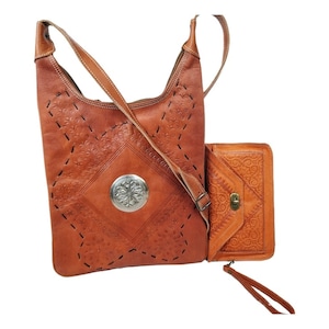 Conjunto de bolso y cartera de piel auténtica, bolso bandolera grande de estilo occidental, clutch marroquí, cartera plegable larga, regalo único para mujer.