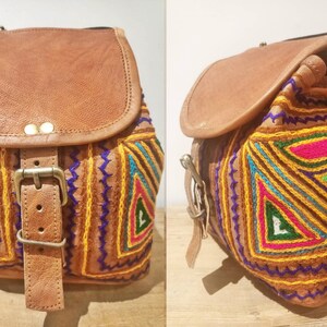 SMALL LEATHER BACKPACK, Women's Real Leather Backpack Purse, Mini Rucksack, Multicoloured Hippie Bag Tan, Ethnic Embroidered Purse Boho Design 3