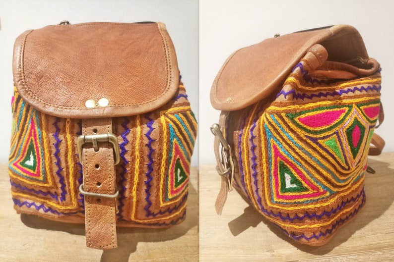 SMALL LEATHER BACKPACK, Women's Real Leather Backpack Purse, Mini Rucksack, Multicoloured Hippie Bag Tan, Ethnic Embroidered Purse Boho Design 3