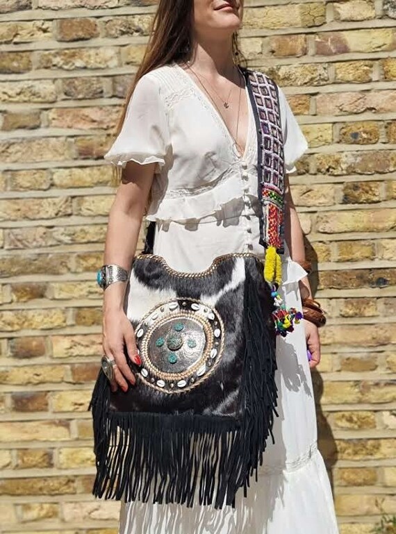 HIPPIE LEATHER BAG With Tassels Unique Women Fringe Purse 