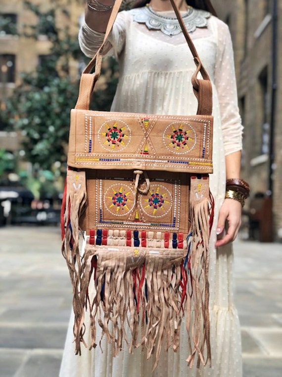 Large FRINGE LEATHER BAG With Turquoise Stone Tassel Western 