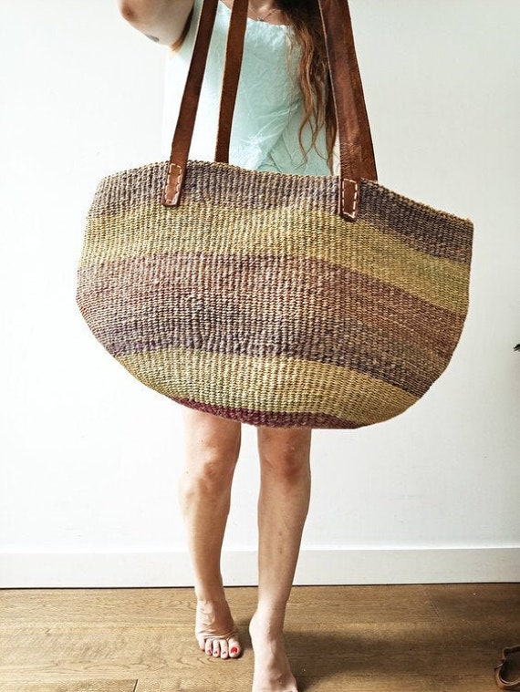 VINTAGE SISAL LEATHER Bag | 60s 70s Woven Bucket B