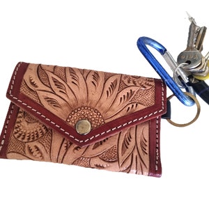 LLAVERO DE CUERO - Mini llavero - Monedero de piel con estampado de girasoles estilo occidental - Cartera pequeña de piel con estampado floral para mujer