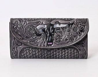 Hand Tooled Western Leather Wallet - Long Wallet Women - Large Card Pocket Purse in Antique Finish