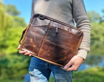 Mens LEATHER LAPTOP BAG - Vintage Briefcase Full Grain Leather, Large 15" Messenger Bag For Him, MacBook Sleeve, Graduation Gift