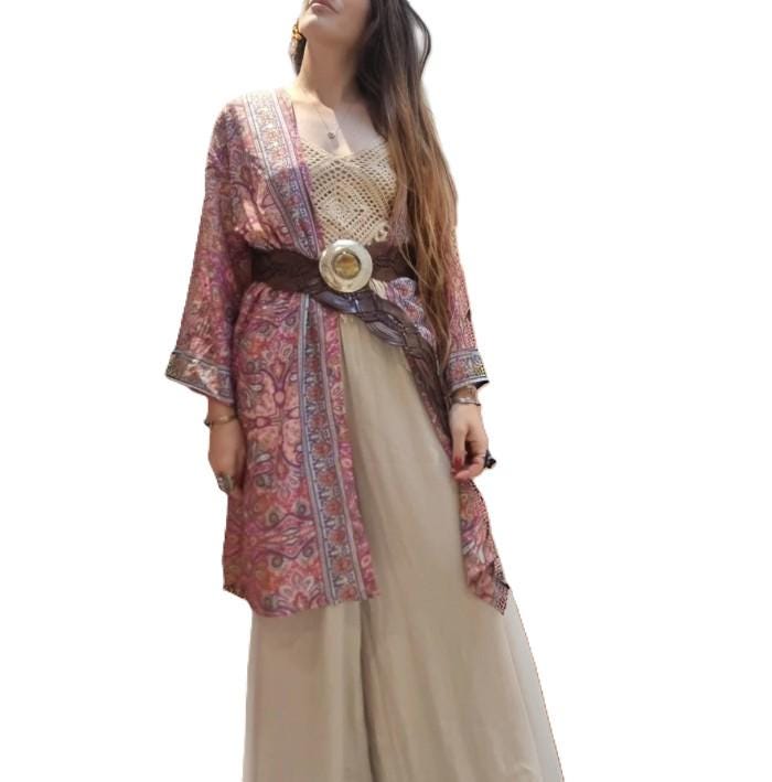 Long Boho Silk Kimono Jacket with Flared Sleeves - Beach Cover Up Tunic - Kaftan Maxi Dress - Light Summer Shrug - Satin Bath Robe for Women