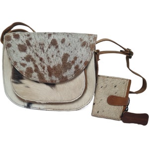 Ensemble sac et portefeuille en cuir de vachette, sac à main en cuir de vachette véritable, sacs western vintage pour femme, mini portefeuille de voyage, coffret cadeau unique pour elle