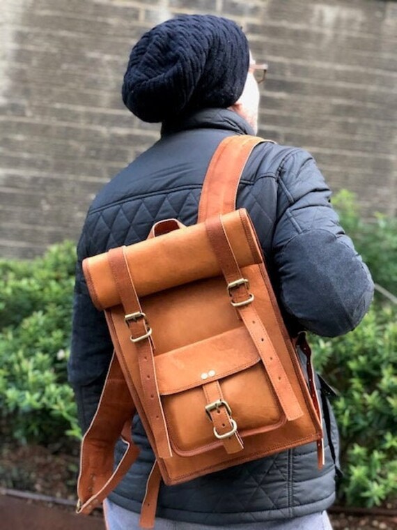 Roll Top LEATHER BACKPACK Tan Large 15 