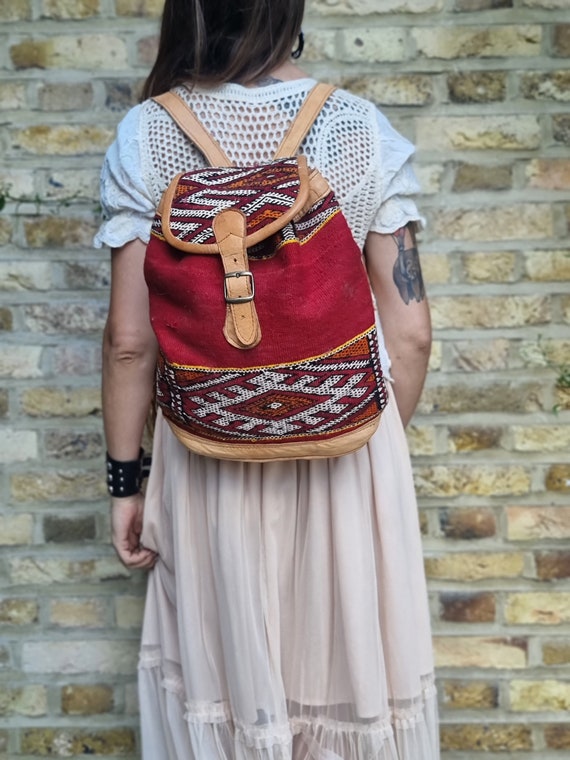 MOROCCAN LEATHER KILIM Backpack, Vintage Berber B… - image 4