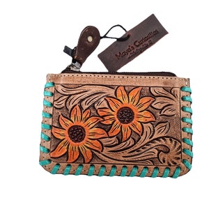 Mini PORTAFOGLIO IN PELLE GIRASOLE - Piccolo portamonete con design floreale lavorato - Portafoglio per bambini per ragazze - Portafoglio per carte di credito