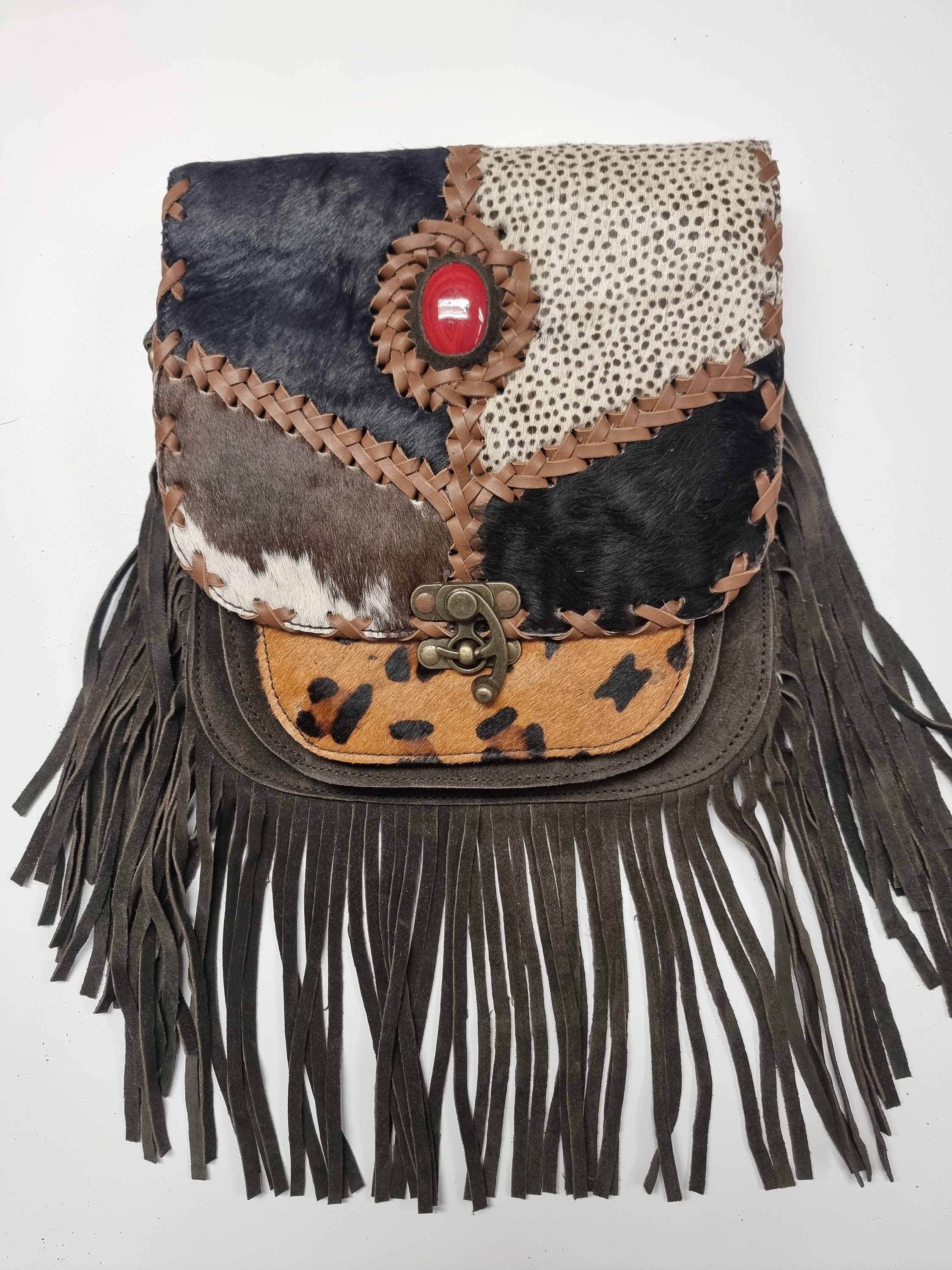 ETHNIC TASSEL PURSE Native American Fringe Leather Bag -  Israel