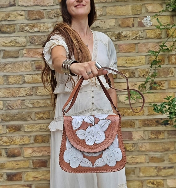 Hand Painted WHITE ROSE LEATHER Bag Tooled Flower Purse Boho Embossed Leather Bag Floral Leaves Hippie Botanical Women s Bag Western Etsy