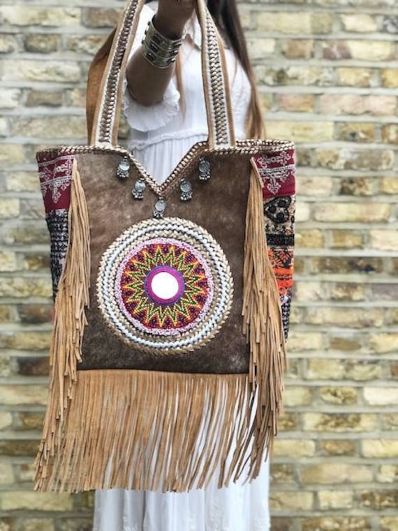 Hippie FRINGE LEATHER BAG Ethnic Tassel boho tan Western vintage Native  Festival