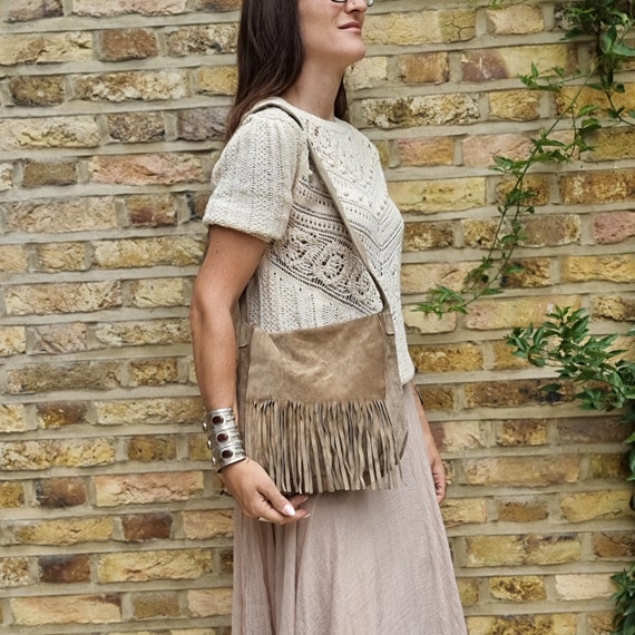 Beige VINTAGE TASSEL BAG, Hippie Leather Fringe P… - image 1