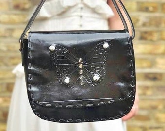 BUTTERFLY LEATHER PURSE with Stones, Tooled Insect Wings Purse, Small Women Saddle Bag Genuine Leather