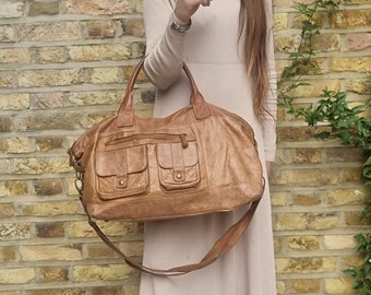 Boho Tan Leather Travel Bag | Vintage Style Weekend Duffel Bag | Women Leather Luggage Foldable