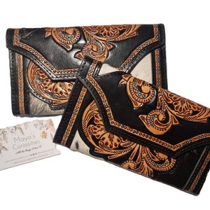 CARTERA larga DE CUERO DE VACUNO para mujer - Monedero de cuero con herramientas manuales - Bolso de embrague occidental - Cartera bifold