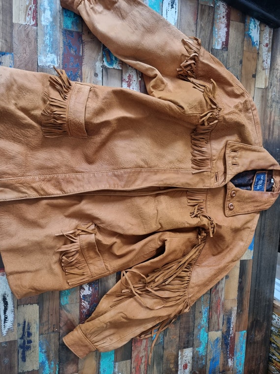 Vintage TASSEL LEATHER JACKET Tan S, Western Fringe J… Gem