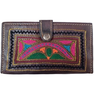 HIPPIE LEATHER WALLET, Unique Embroidered Purse, Multicoloured Mini Clutch Genuine Leather, Small Bifold Wallet, Custom Gift for Women