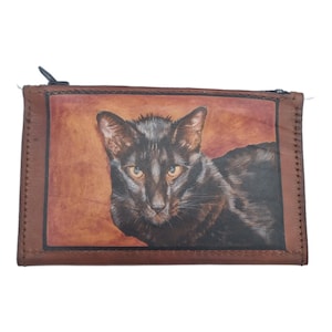 Conjunto de regalo único para amantes de los gatos siameses: cartera y bolso de mano de cuero hechos a mano, bolso shopper de cuero extragrande y cartera de mano pintada a mano.