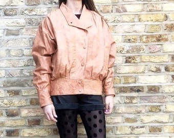 80s VINTAGE LEATHER JACKET S M, Oversize Leather Jacket Tan Brown, Women Bomber Jacket, 1980s Punk Rocker, Genuine Leather Motorcycle Jacket
