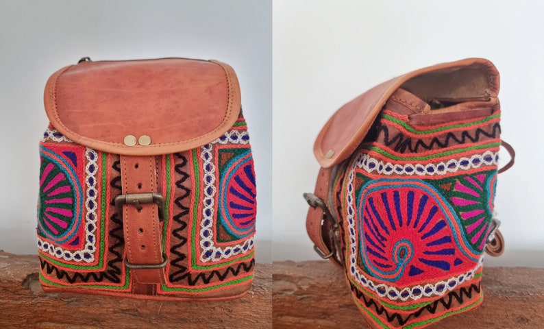 SMALL LEATHER BACKPACK, Women's Real Leather Backpack Purse, Mini Rucksack, Multicoloured Hippie Bag Tan, Ethnic Embroidered Purse Boho Design 2