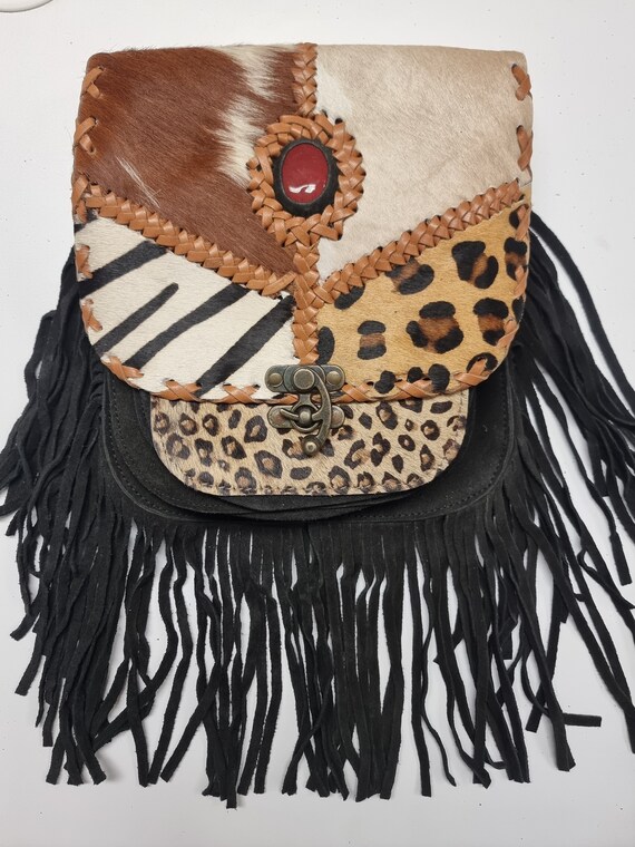 ETHNIC TASSEL PURSE, Native American Fringe Leather Bag, Leopard