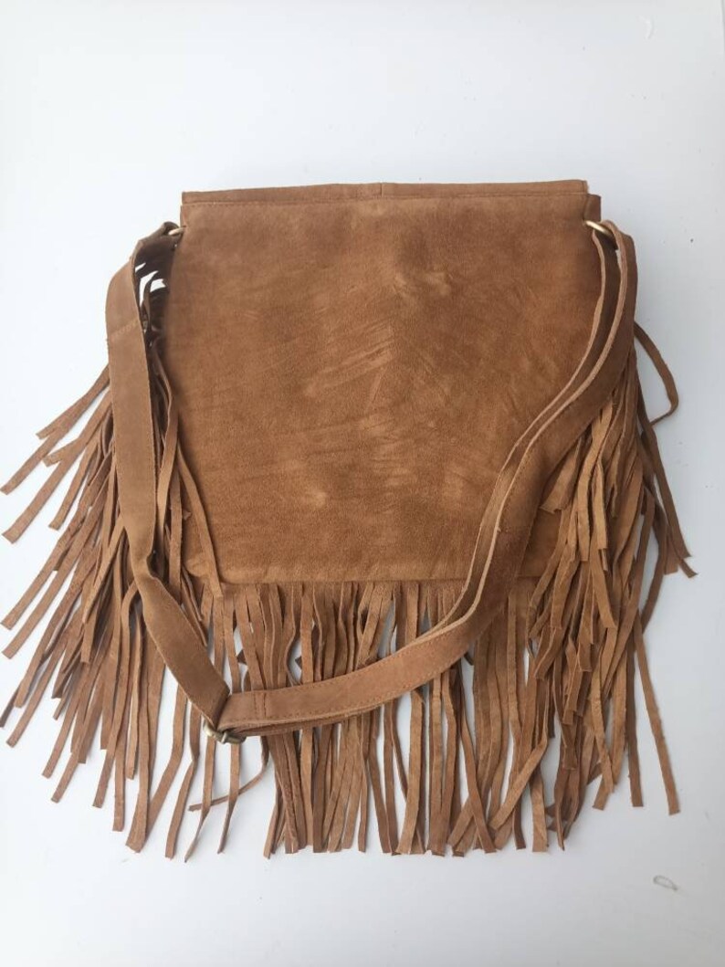 Braided FRINGE LEATHER BAG Tan Hippie Suede Tassel Handbag image 7