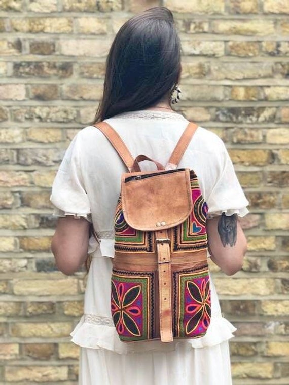 Unique Women Leather Backpack Hand Embroidered Hippie Leather Bag Vintage Travel Rucksack Boho Festival Bag Etsy Ireland