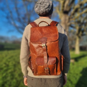 Handcrafted Minimalist Men's Leather Backpack Purse - 16" Vintage Style Laptop Rucksack for Travel, Hiking, School and Office