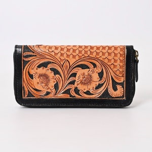 Cartera grande de CUERO HERRAMENTADA CON FLORES con cremallera - Práctico monedero para mujer en estilo occidental vintage